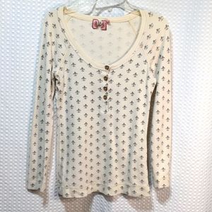 Juicy Couture cotton top long sleeve shirt beige gray fleur-de-lis S